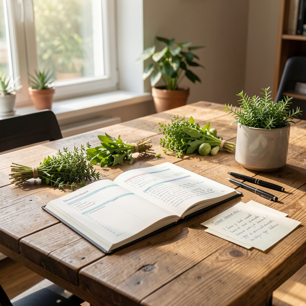 Ernährungsfachperson am Schreibtisch mit ausgebreitetem Wochenmenü, handschriftlichen Notizen und frischen Zutaten in einem hellen Büro
