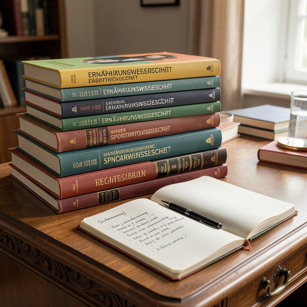 Regalbrett mit aufgestapelten Fachbüchern zur Ernährungswissenschaft und Sportwissenschaft, davor ein Notizbuch mit handschriftlichen Quellenangaben