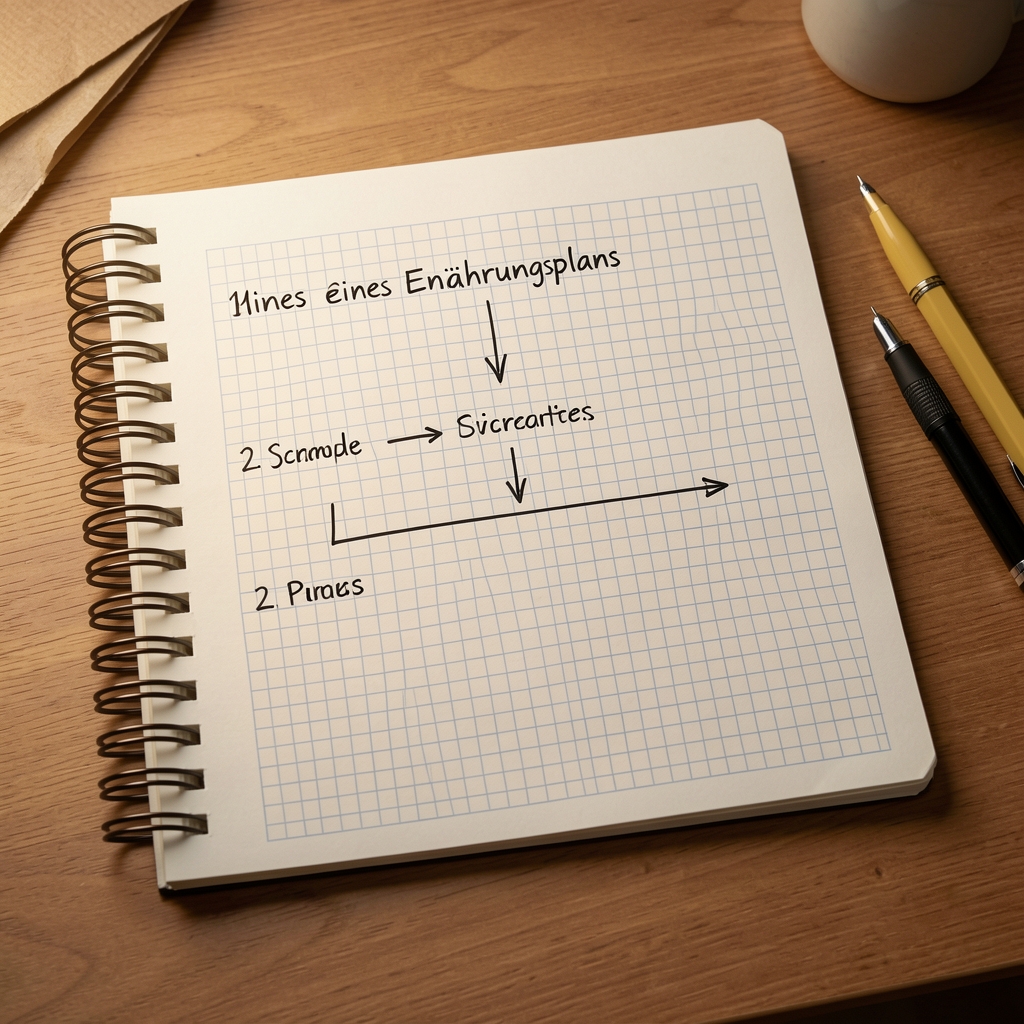 Schematische Darstellung eines Ernährungsplans auf Millimeterpapier mit Schritten und Pfeilen, handgezeichnet auf einem Zeichentisch unter Studiolicht