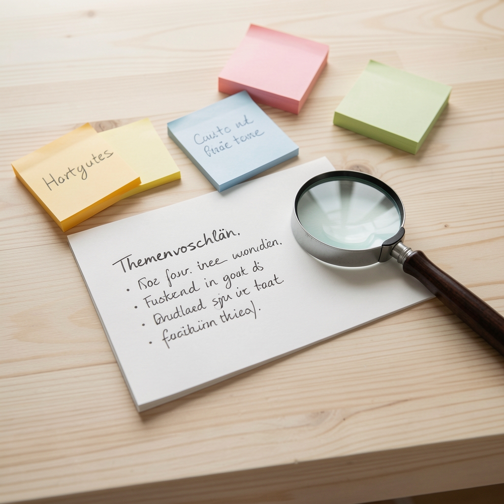 Aufgeschlagenes Redaktionsprotokoll mit handschriftlichen Themenvorschlägen, Post-it-Zetteln und einer Lupe auf einem hellen Holztisch