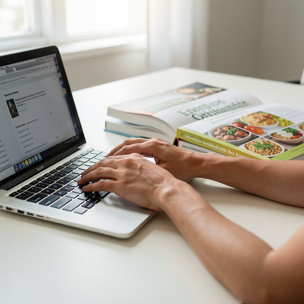 Nahaufnahme von Händen die an einem Laptop tippen, daneben aufgeschlagene Fachbücher zu Ernährungswissenschaft auf einem hellen Schreibtisch