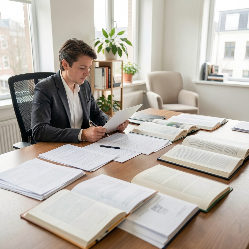Zwei Fachpersonen am Tisch mit ausgebreiteten Dokumenten und aufgeschlagenen Fachbüchern bei einer Überarbeitungssitzung in einem hellen Büroraum
