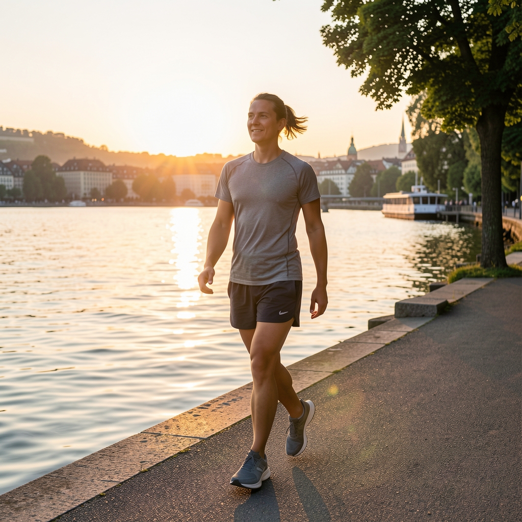 Person bei einem Morgenspaziergang entlang des Zürichsees bei Sonnenaufgang, leichte Sportkleidung, entspannte Körperhaltung