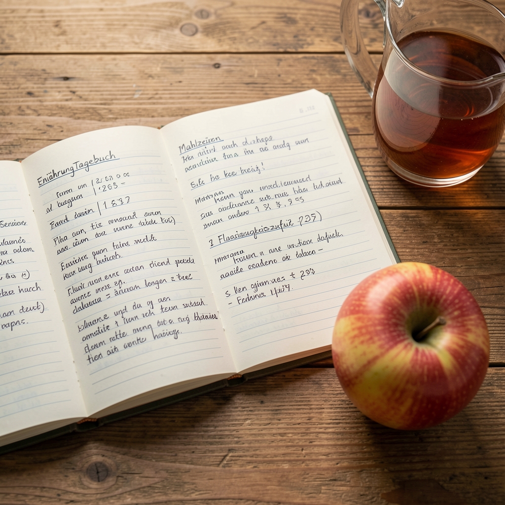 Ernährungstagebuch aufgeschlagen auf einem Holztisch, handschriftliche Einträge zu Mahlzeiten und Flüssigkeitszufuhr, daneben ein Glas Wasser und ein Apfel