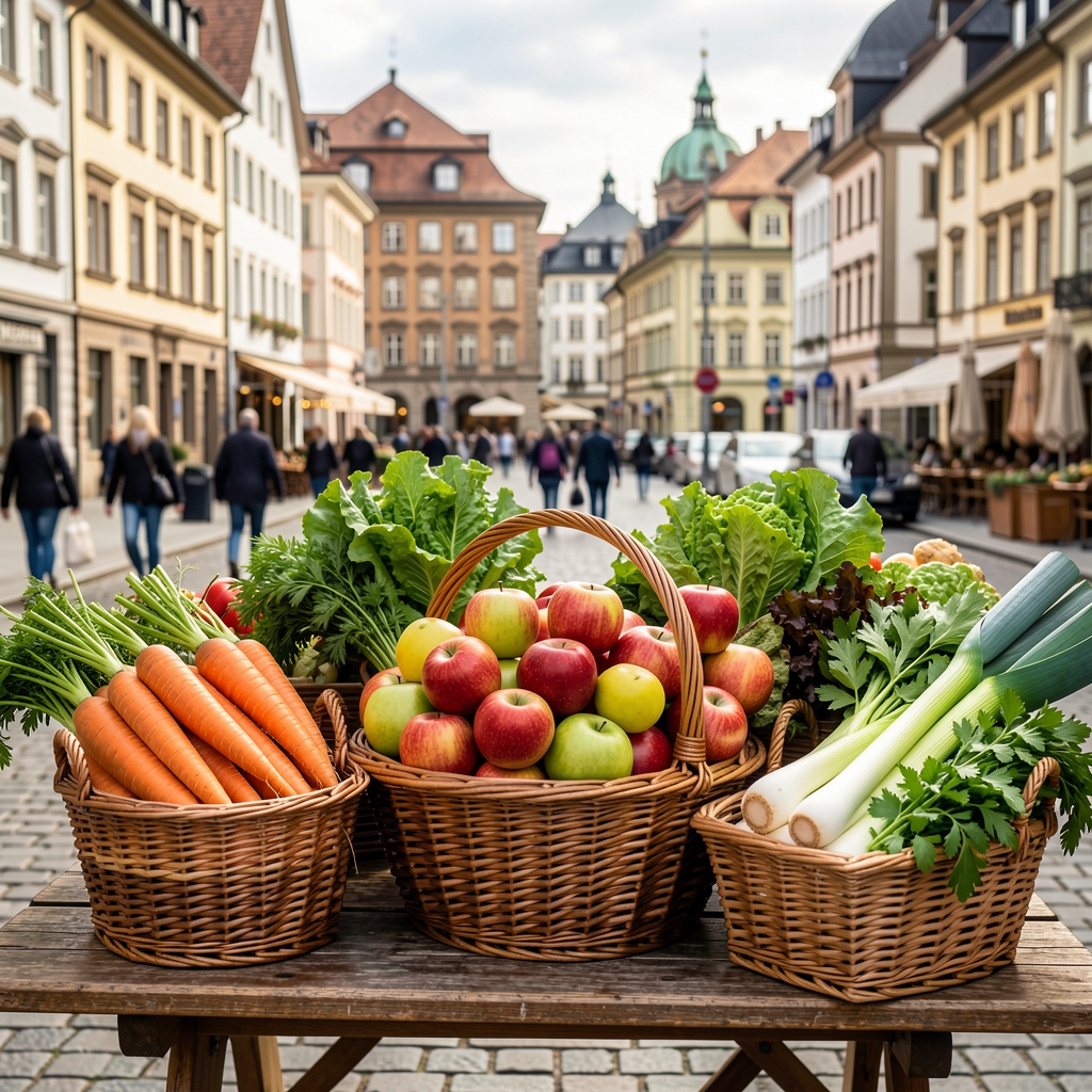 Grosser Marktstand mit frischem saisonalem Gemüse und Obst in Zürich, lebendige Farben, Körbe mit Karotten, Äpfeln, Lauch und Petersilie