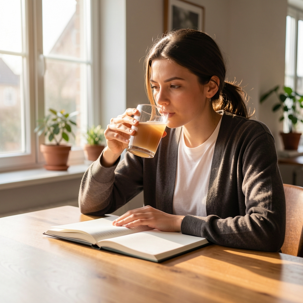 Ruhige Morgenszene mit Person die an einem Tisch sitzt, ein Glas Wasser trinkt und ein aufgeschlagenes Notizbuch vor sich hat, Morgenlicht durch die Fenster