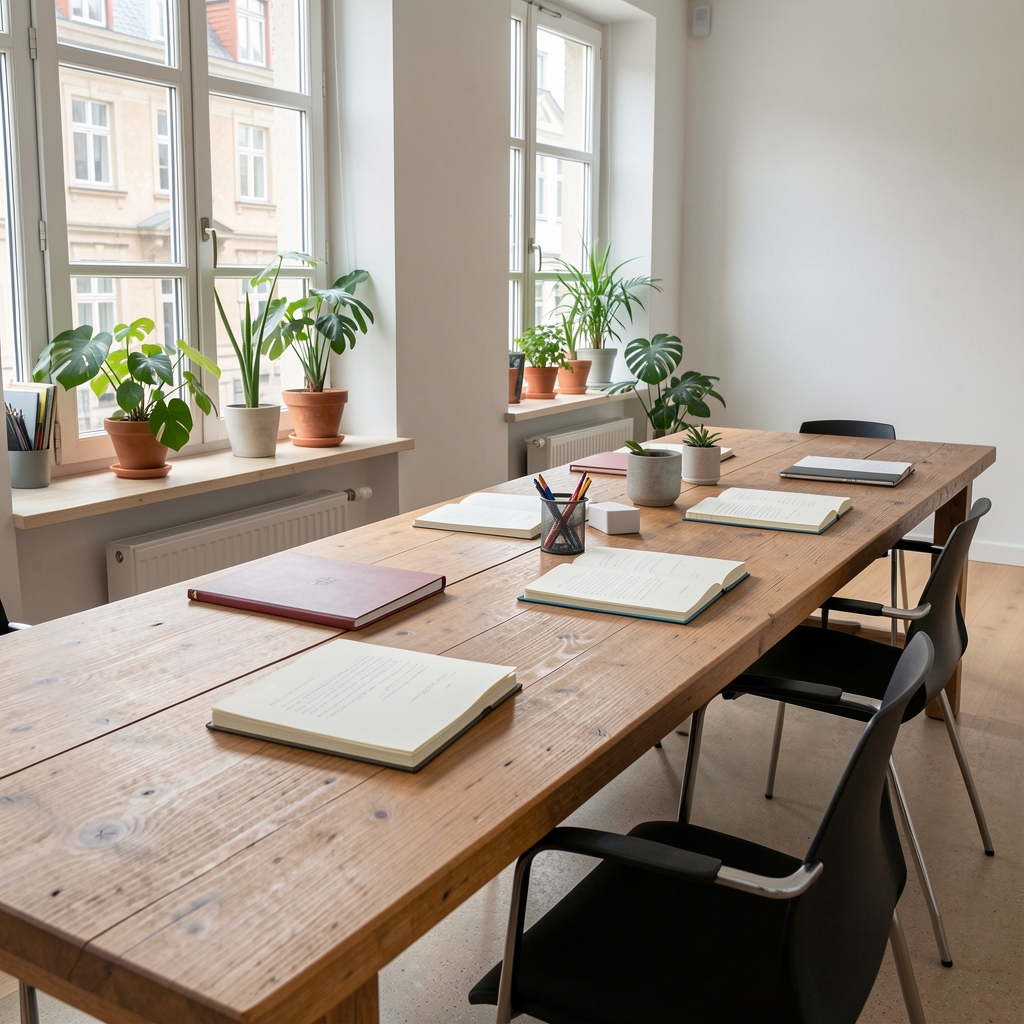 Helles modernes Redaktionsbüro in Zürich mit einem langen Holztisch, aufgeklappten Notizbüchern, Pflanzen auf dem Fensterbrett und natürlichem Licht