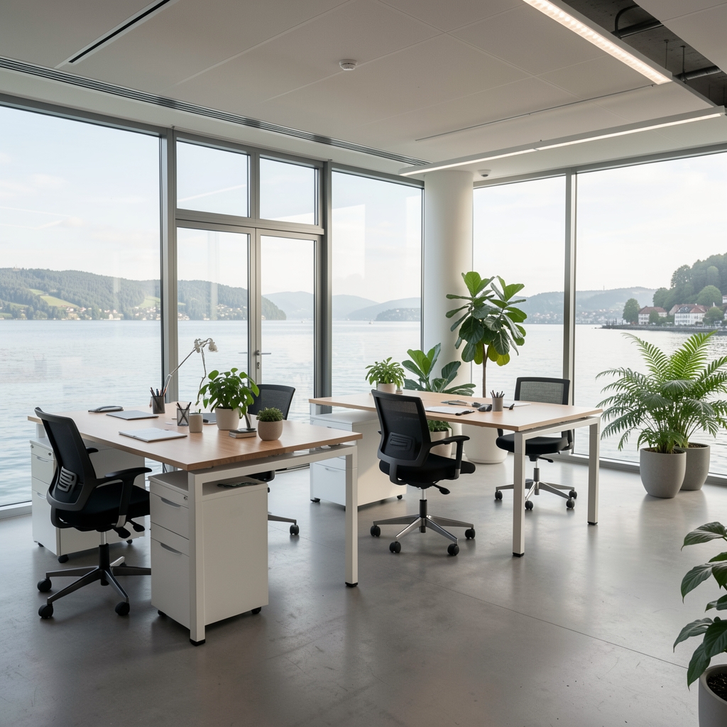 Panoramaansicht des Ostavel-Büros am Seeufer in Zürich mit modernen Arbeitstischen, grünen Zimmerpflanzen und grossformatigen Fenstern zum See